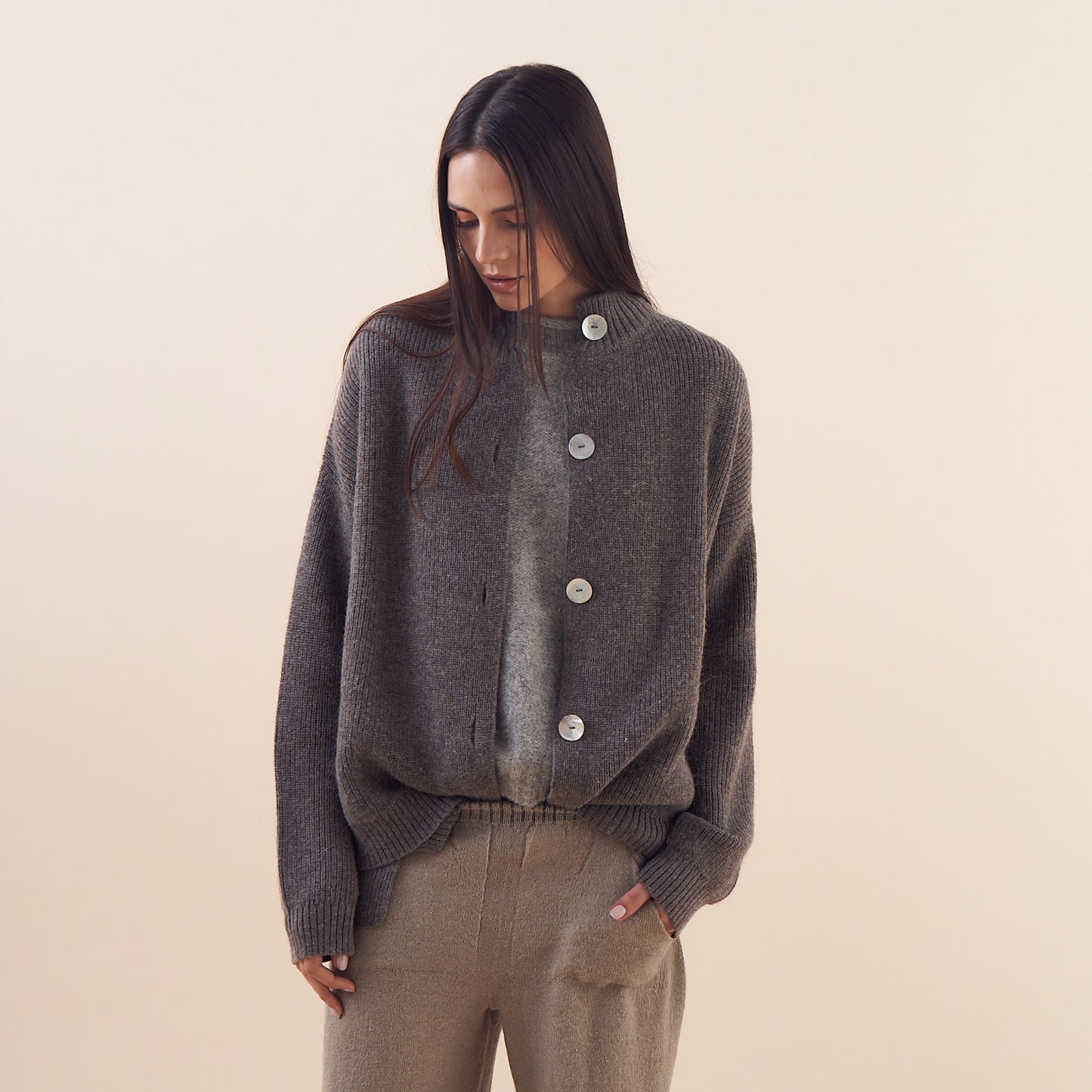Nicola Cardigan | Llama, Merino & Cotton | Grey