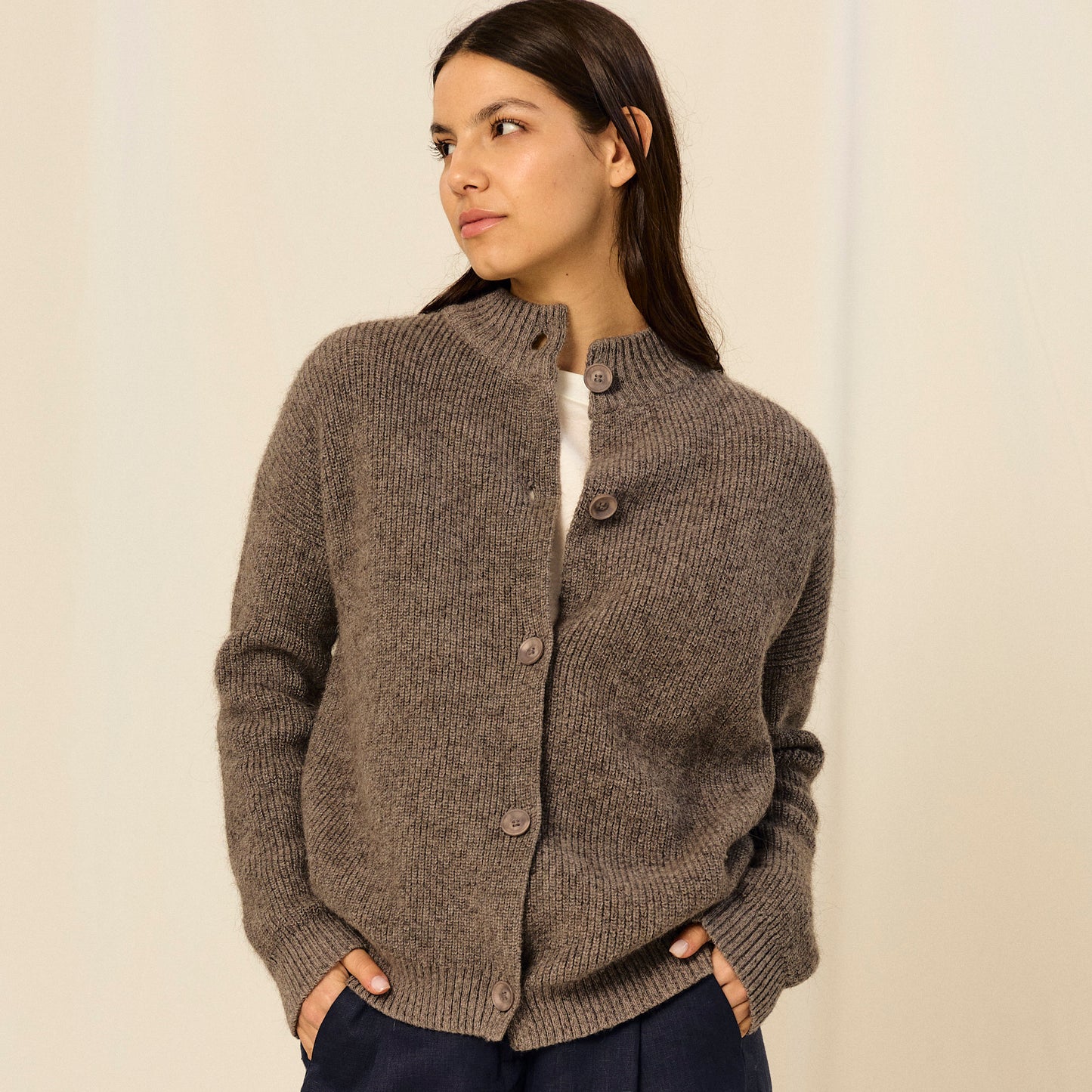 Nicola Cardigan | Llama, Merino & Cotton | Grey